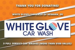 Thank You for your donation, White Glove Car Wash of Newark, DE, 5 full service car washes (more than $100 value)!